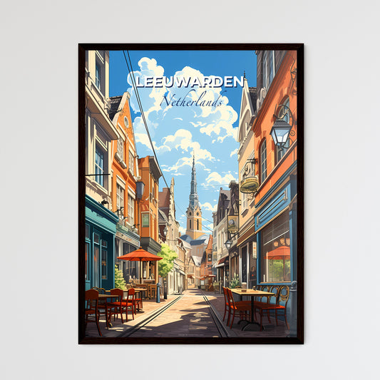 Leeuwarden, Netherlands, A Poster of a street with tables and chairs in front of a tower Default Title
