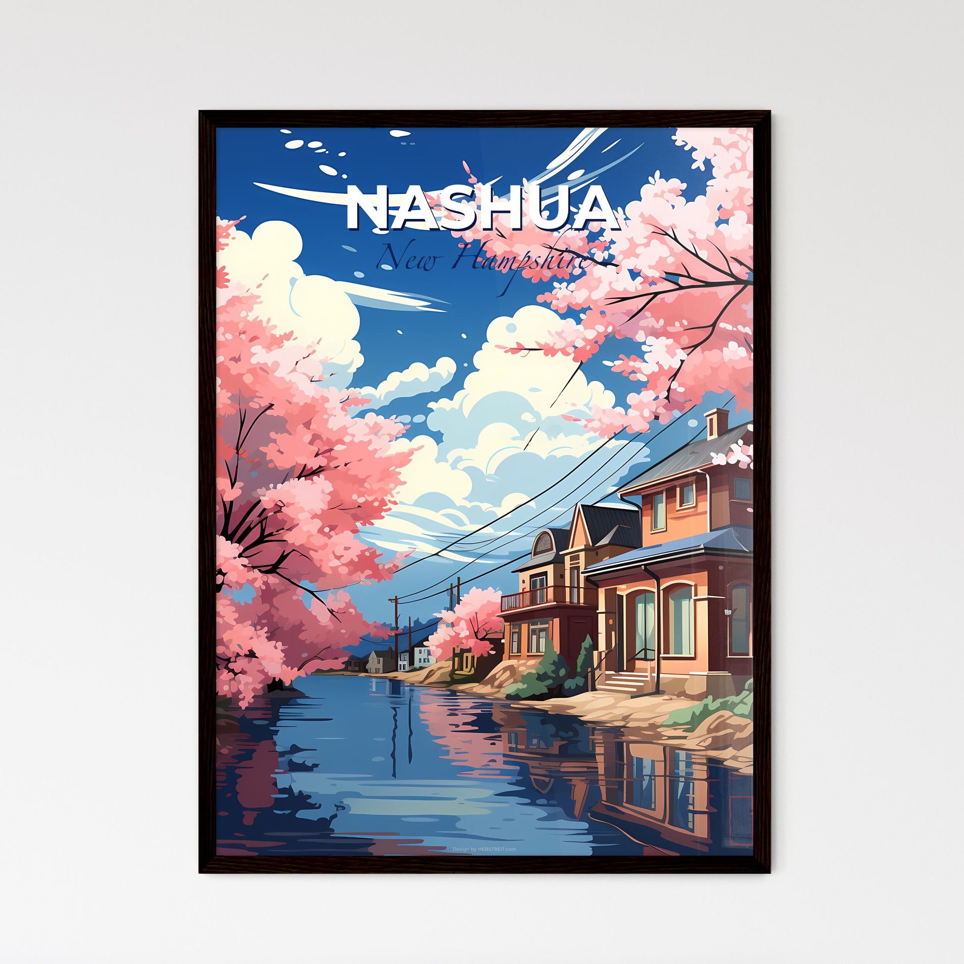 Nashua, New Hampshire, A Poster of a water body with pink trees and houses Default Title