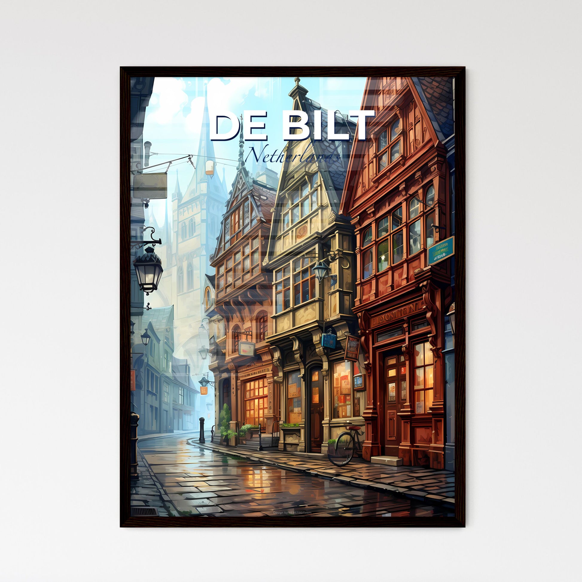 De Bilt, Netherlands, A Poster of a street with buildings and a bicycle Default Title