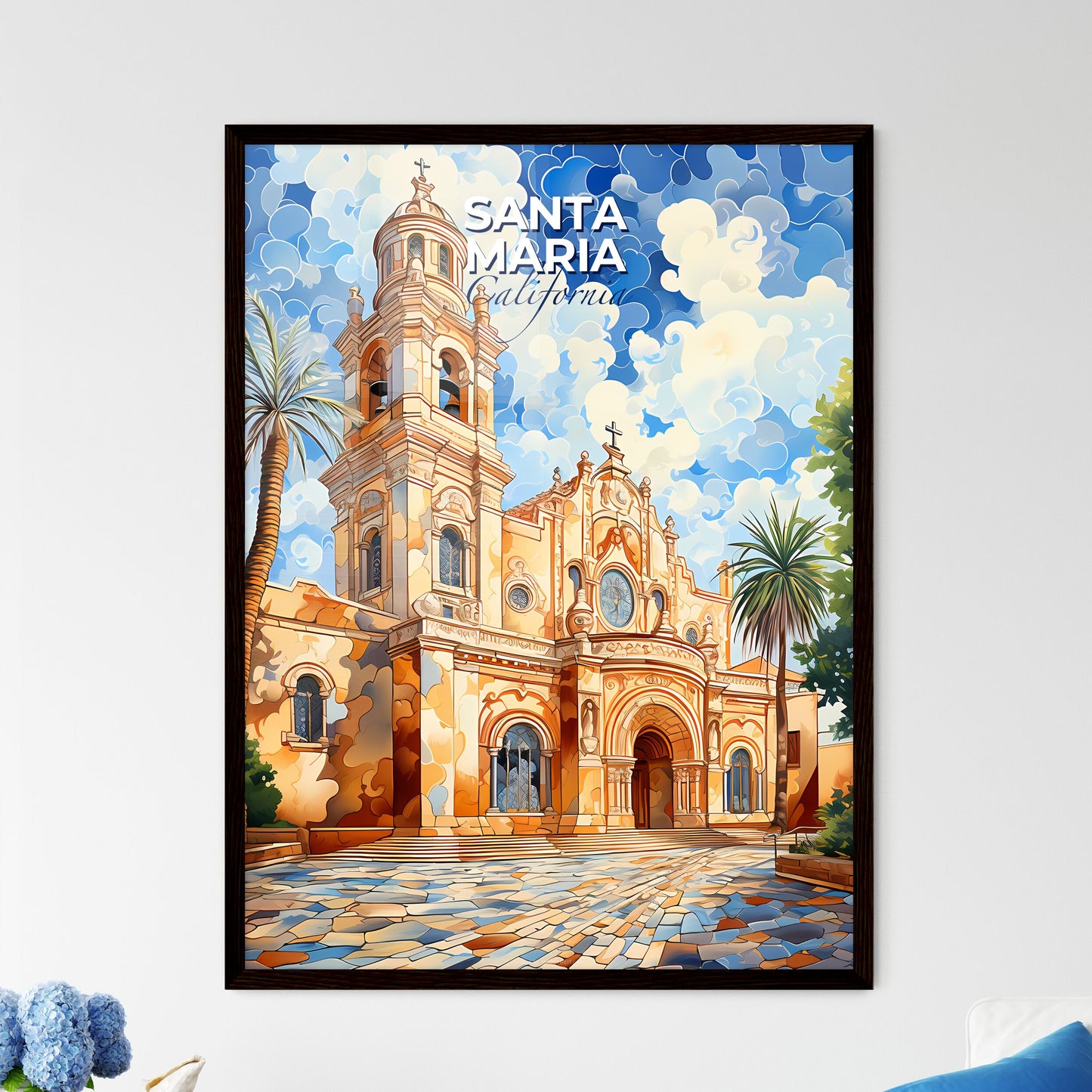 Santa Maria, California, A Poster of a painting of a church with palm trees and a blue sky Default Title