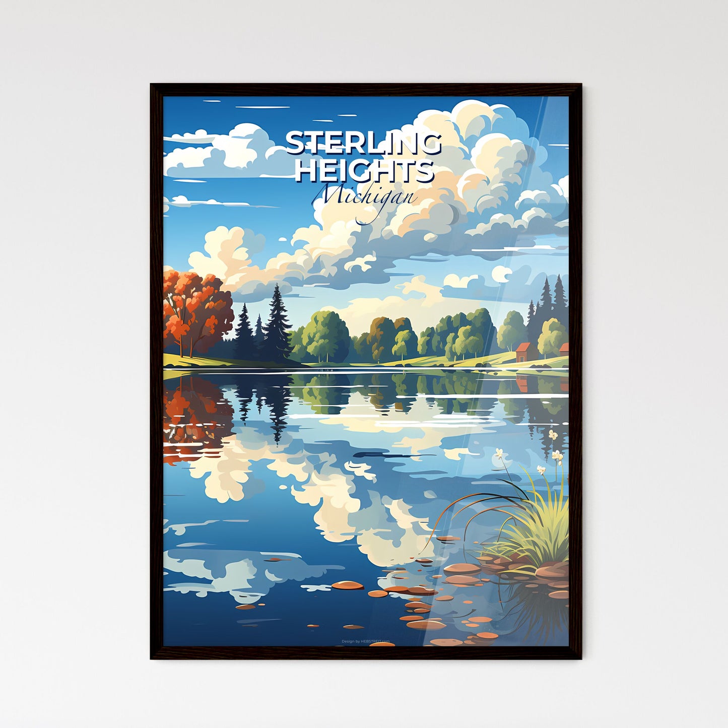 Sterling Heights, Michigan, A Poster of a landscape of a lake with trees and clouds Default Title
