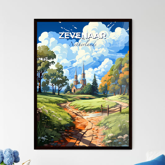 Zevenaar, Netherlands, A Poster of a stream running through a grassy field with trees and a church Default Title