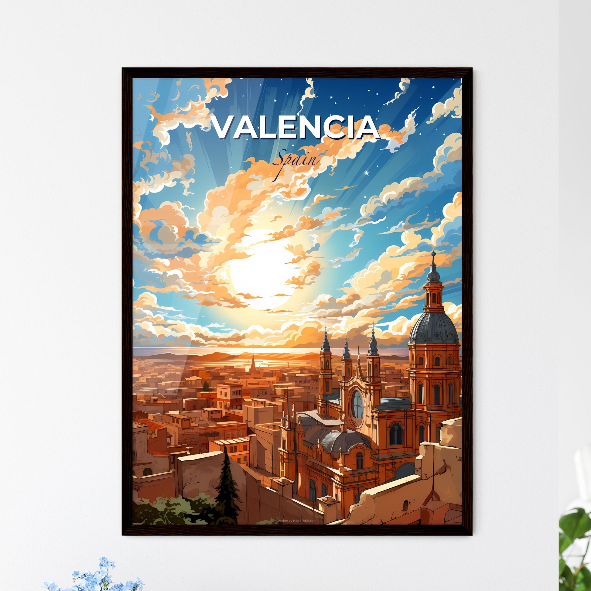 Valencia, Spain, A Poster of a large city with a large building and a large sky with clouds Default Title