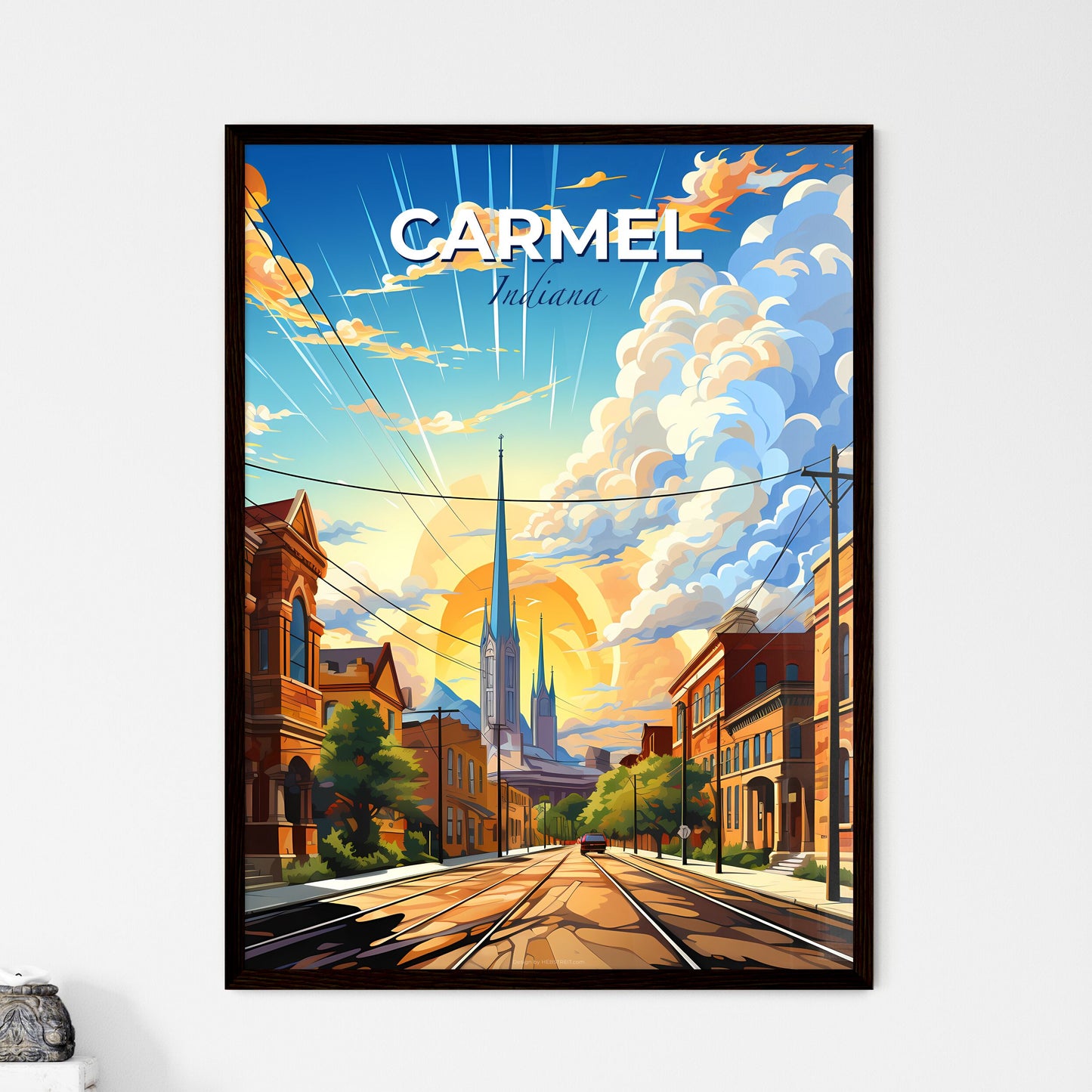 Carmel, Indiana, A Poster of a street with buildings and a tall tower Default Title