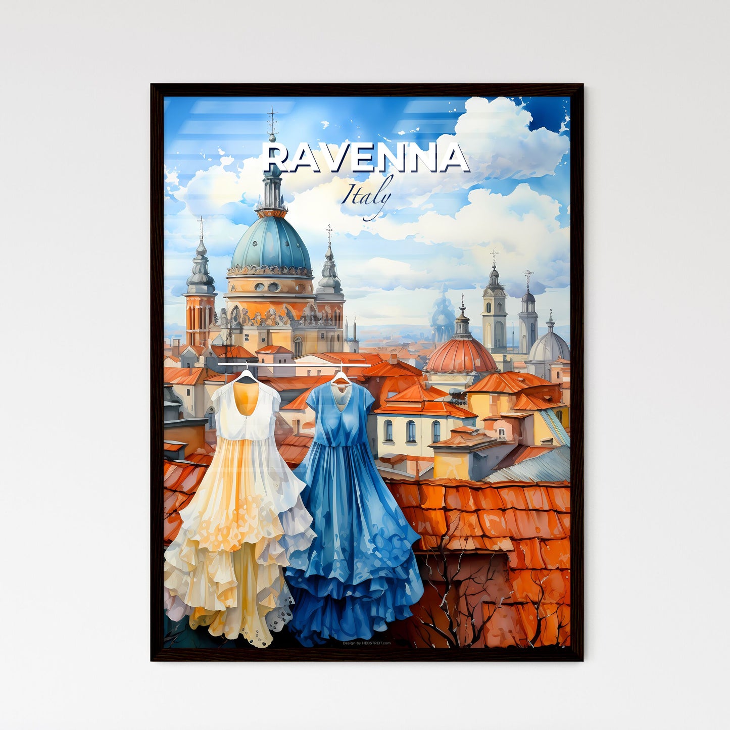 Ravenna, Italy, A Poster of a couple dresses on swingers in front of a rooftop of a city Default Title