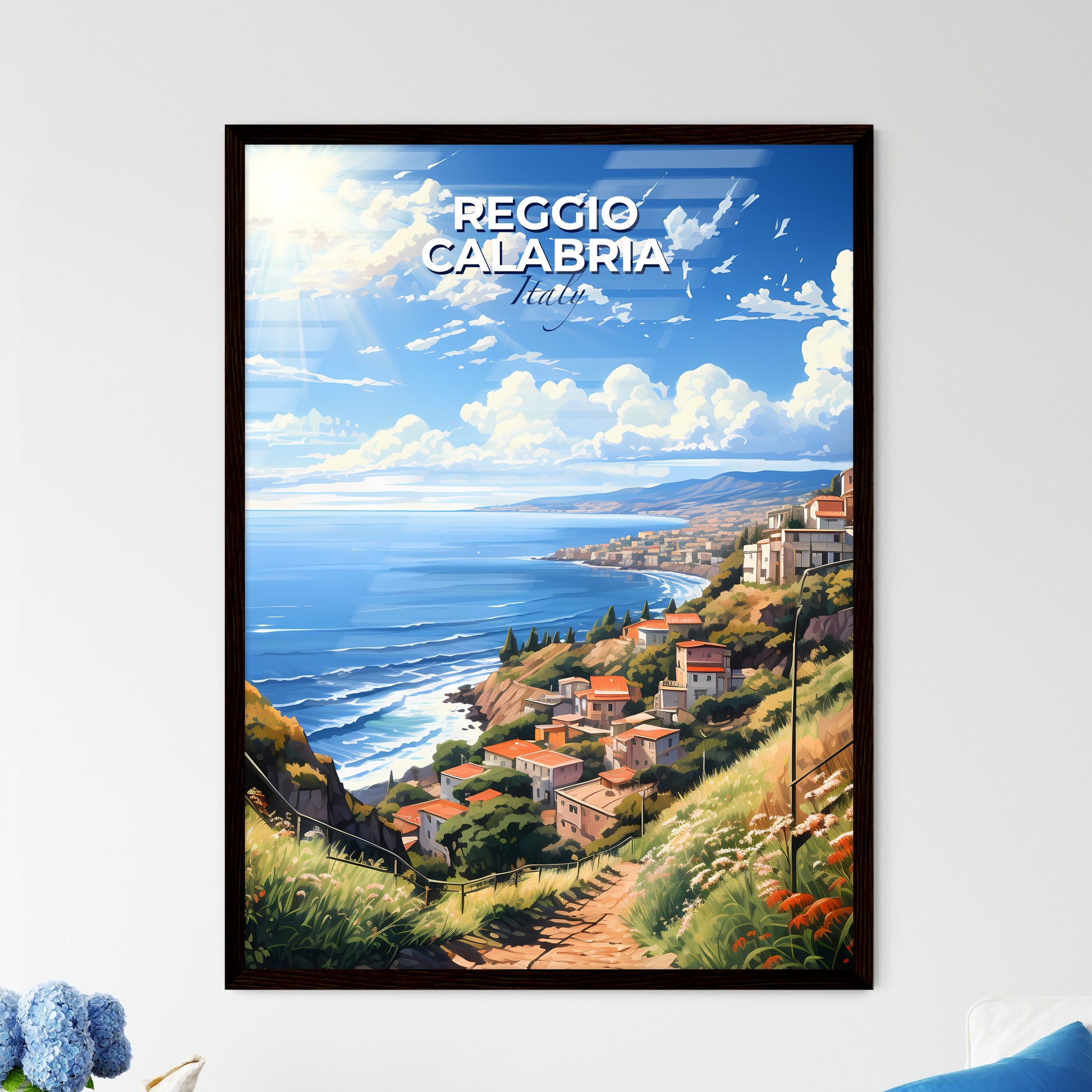 Reggio Calabria, Italy, A Poster of a landscape of a town on a hill with a body of water and a sunny day Default Title