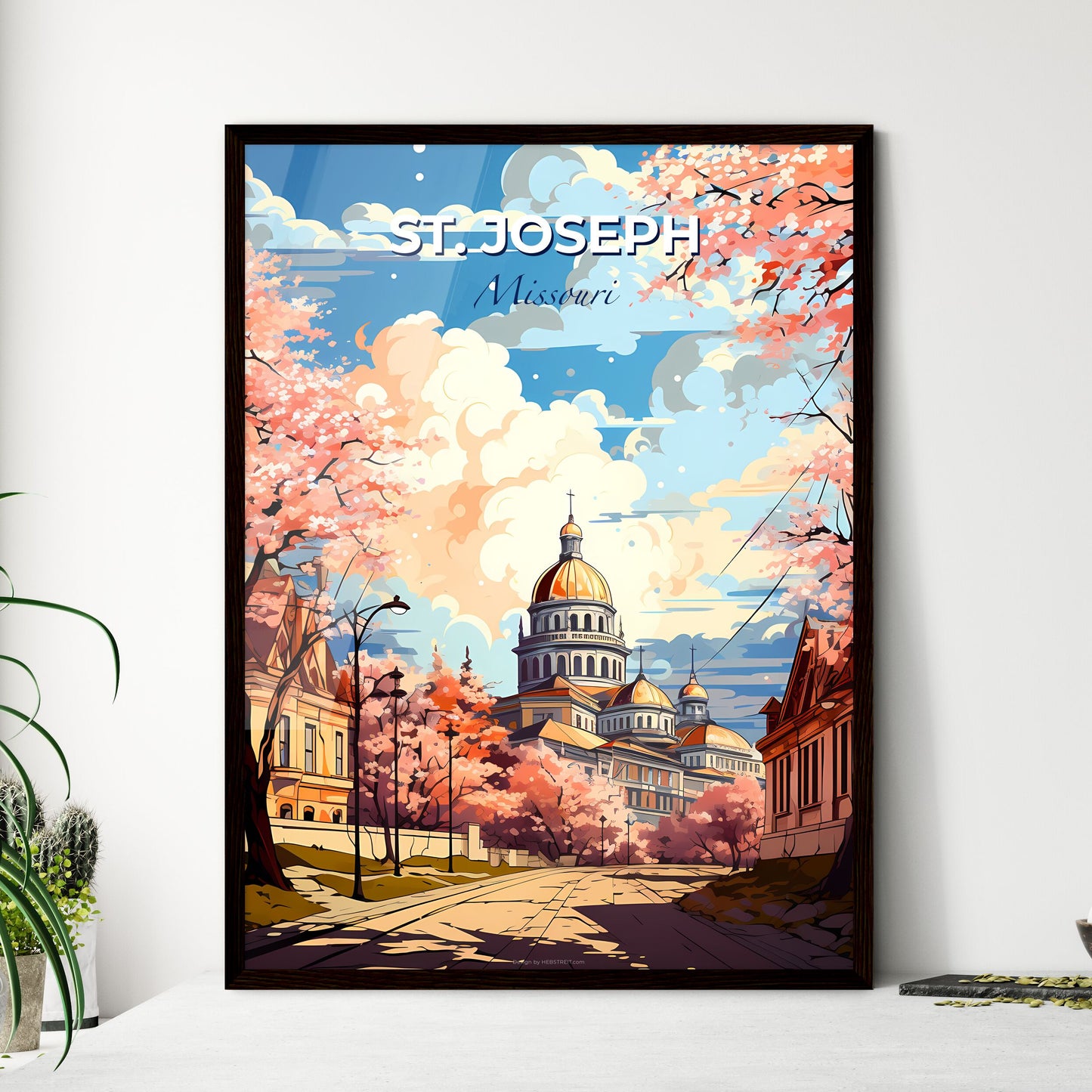 St. Joseph, Missouri, A Poster of a building with a dome and a dome on top with pink trees Default Title