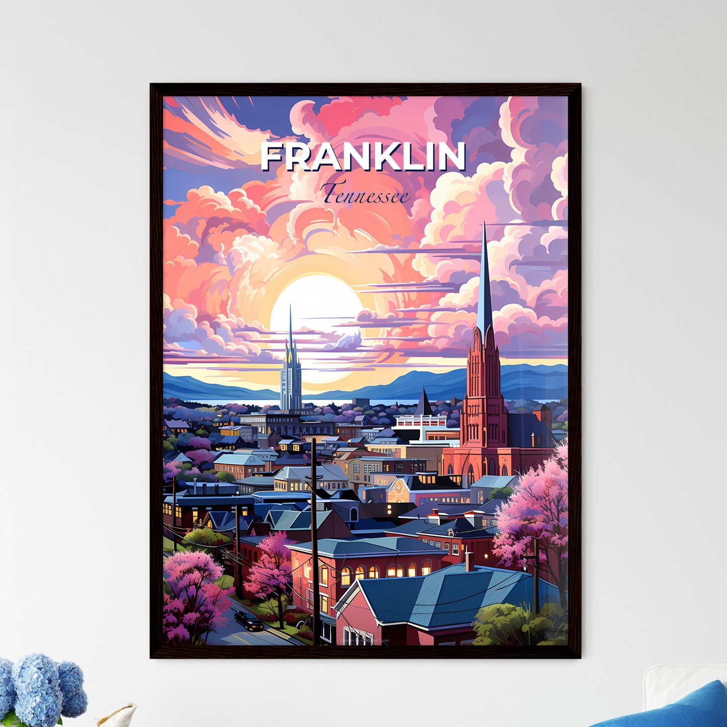 Franklin, Tennessee, A Poster of a city with a tall spire and trees in front of the sun Default Title