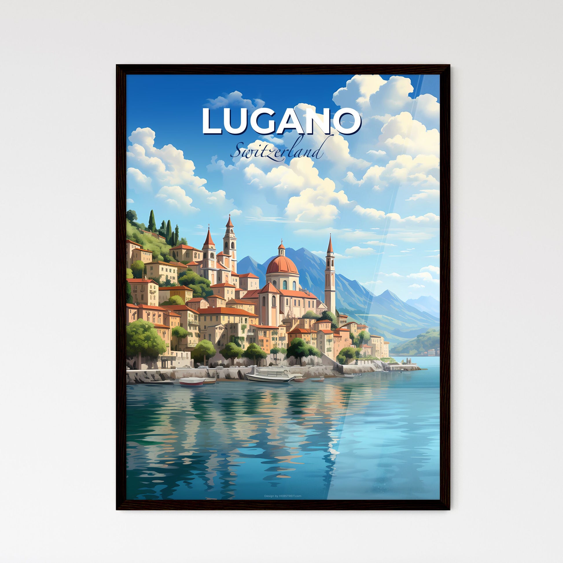 Lugano, Switzerland, A Poster of a city on a hill by water Default Title