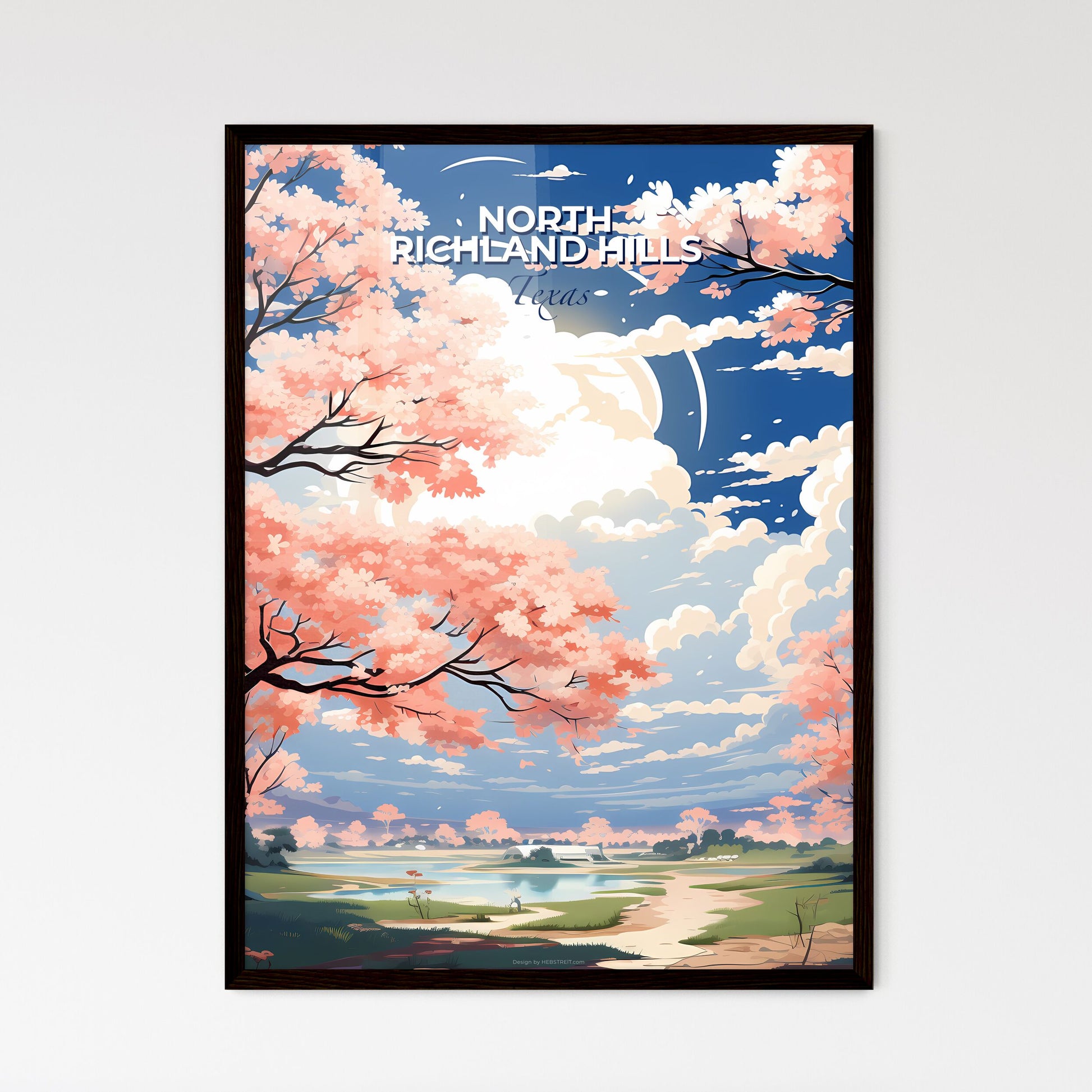 North Richland Hills, Texas, A Poster of a landscape with pink trees and a lake Default Title