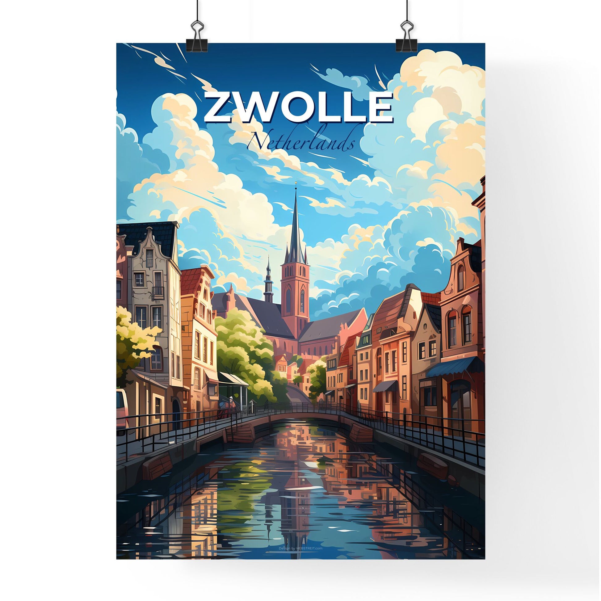 Zwolle, Netherlands, A Poster of a water canal with buildings and a church in the background Default Title