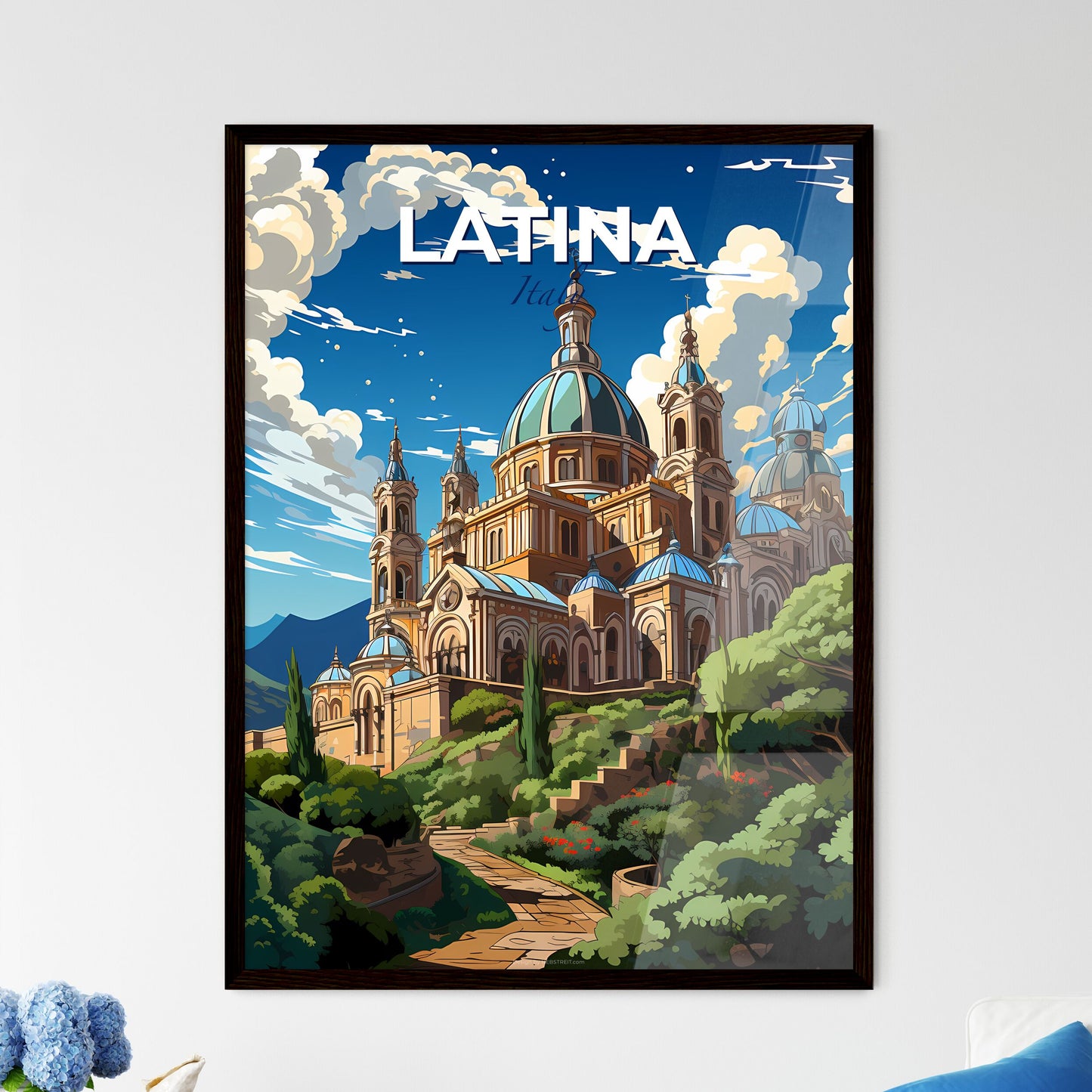 Latina, Italy, A Poster of a building with blue domes and a path on a hill Default Title