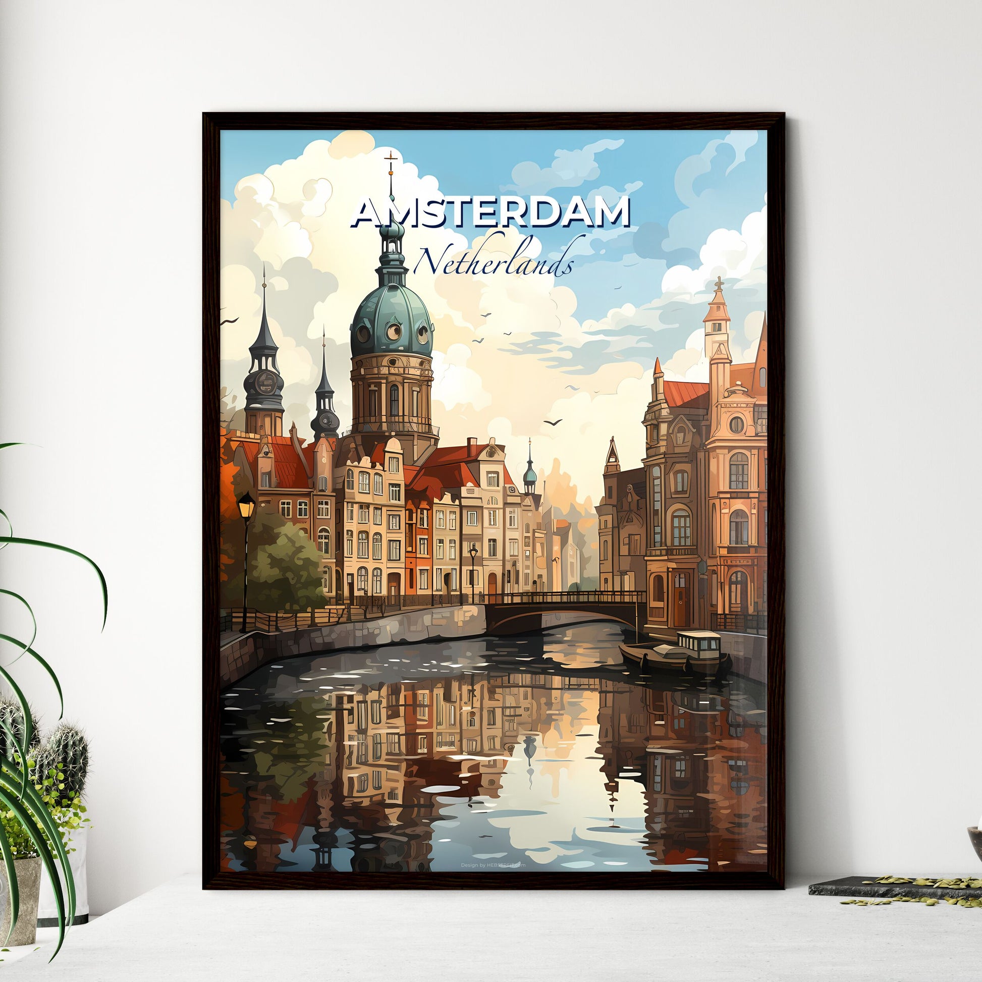 Amsterdam, Netherlands, A Poster of a river with a bridge and buildings Default Title