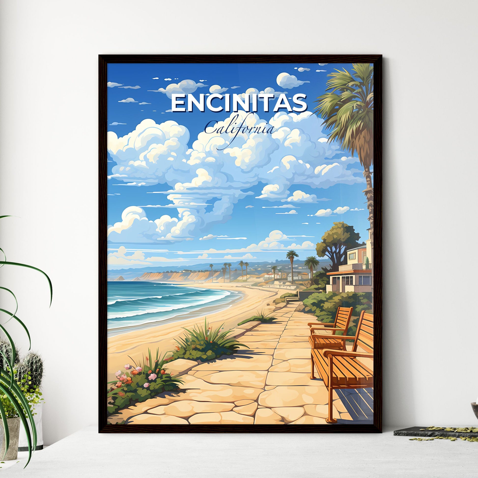 Encinitas, California, A Poster of a beach with benches and palm trees Default Title