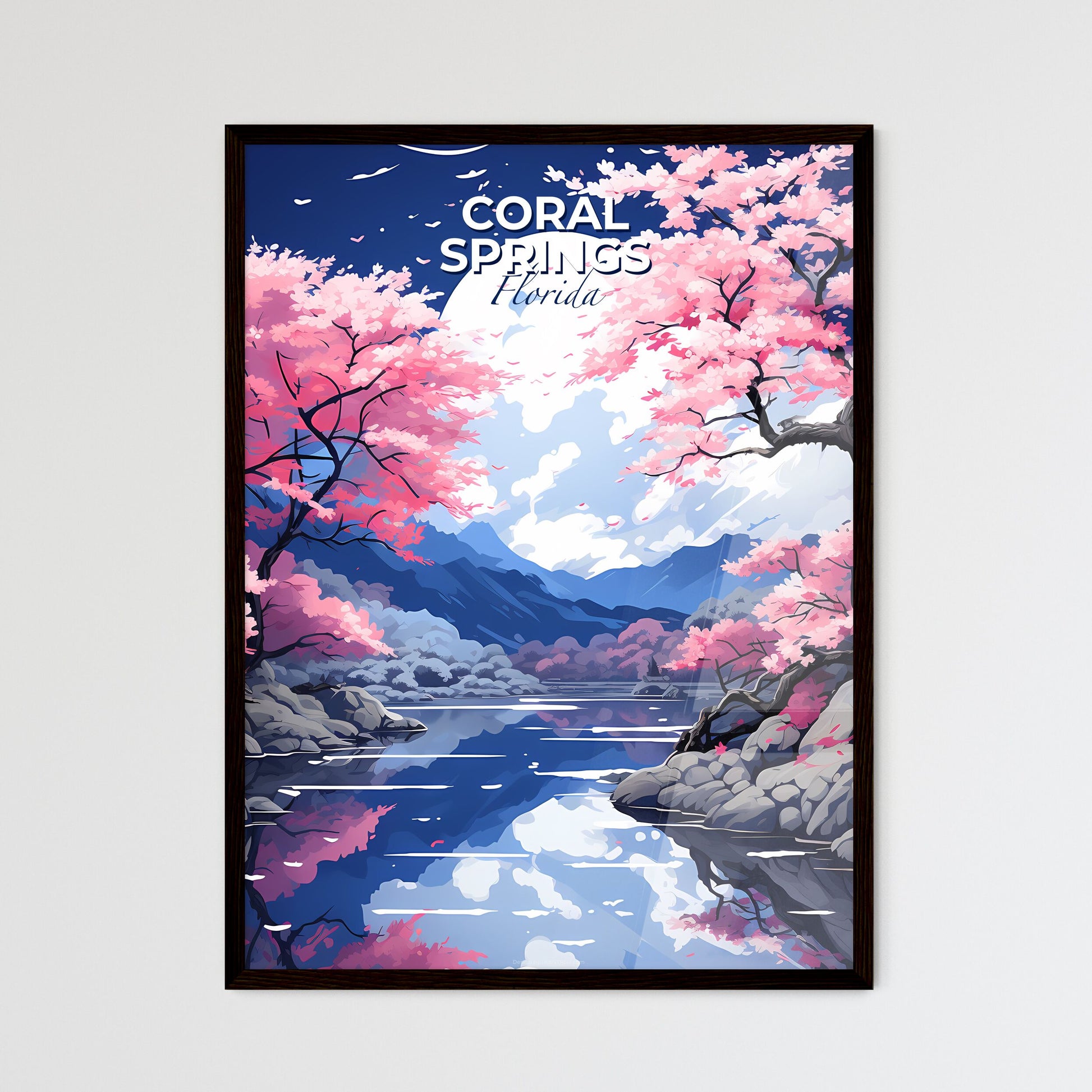 Coral Springs, Florida, A Poster of a river with pink trees and mountains Default Title