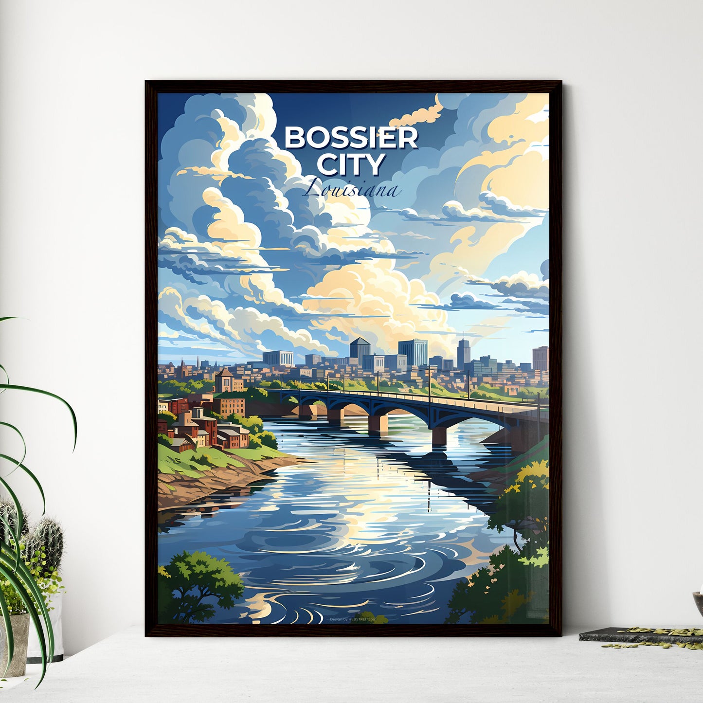 Bossier City, Louisiana, A Poster of a bridge over a river with buildings and trees Default Title