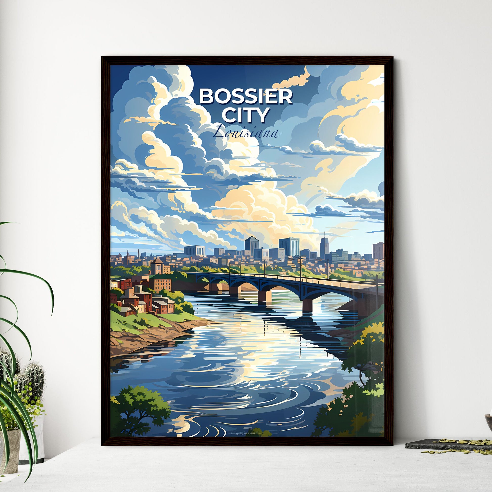 Bossier City, Louisiana, A Poster of a bridge over a river with buildings and trees Default Title