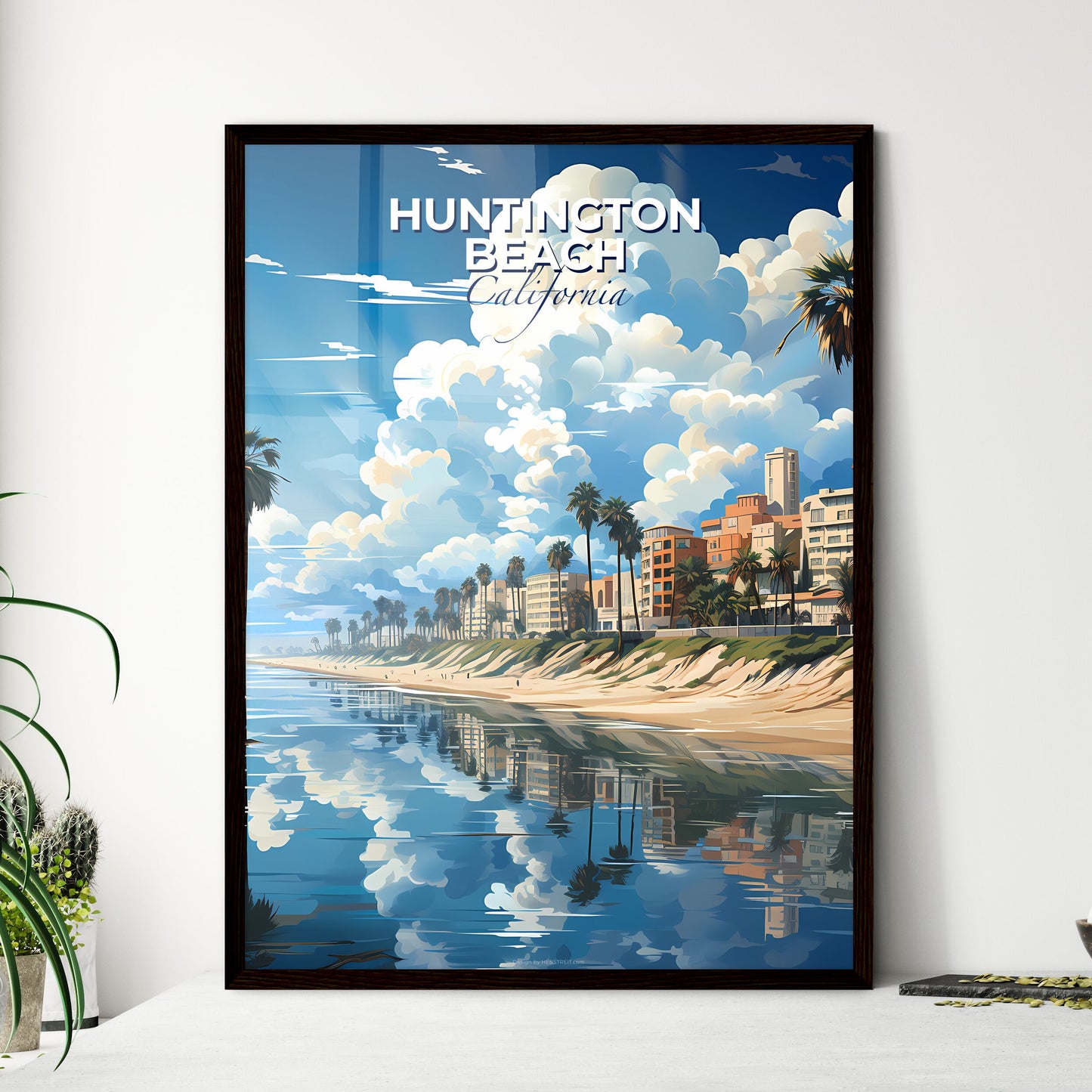 Huntington Beach, California, A Poster of a beach with palm trees and buildings Default Title