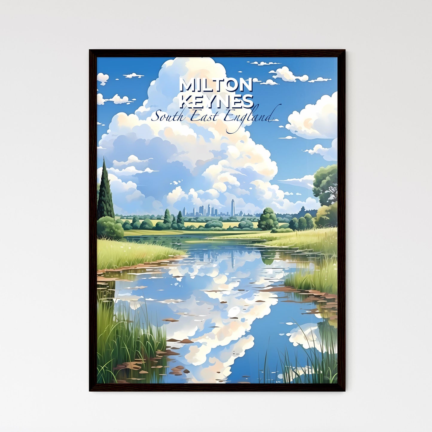 Milton Keynes, South East England, A Poster of a river with grass and trees and a city in the background Default Title