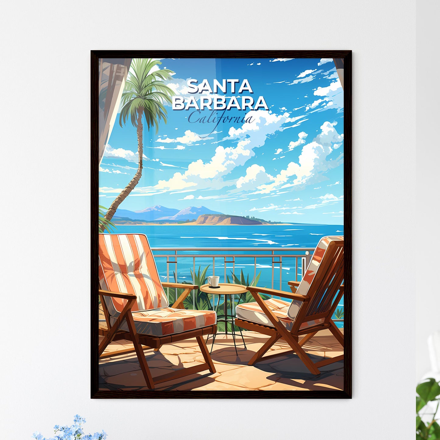 Santa Barbara, California, A Poster of a balcony with chairs and a table overlooking the ocean Default Title