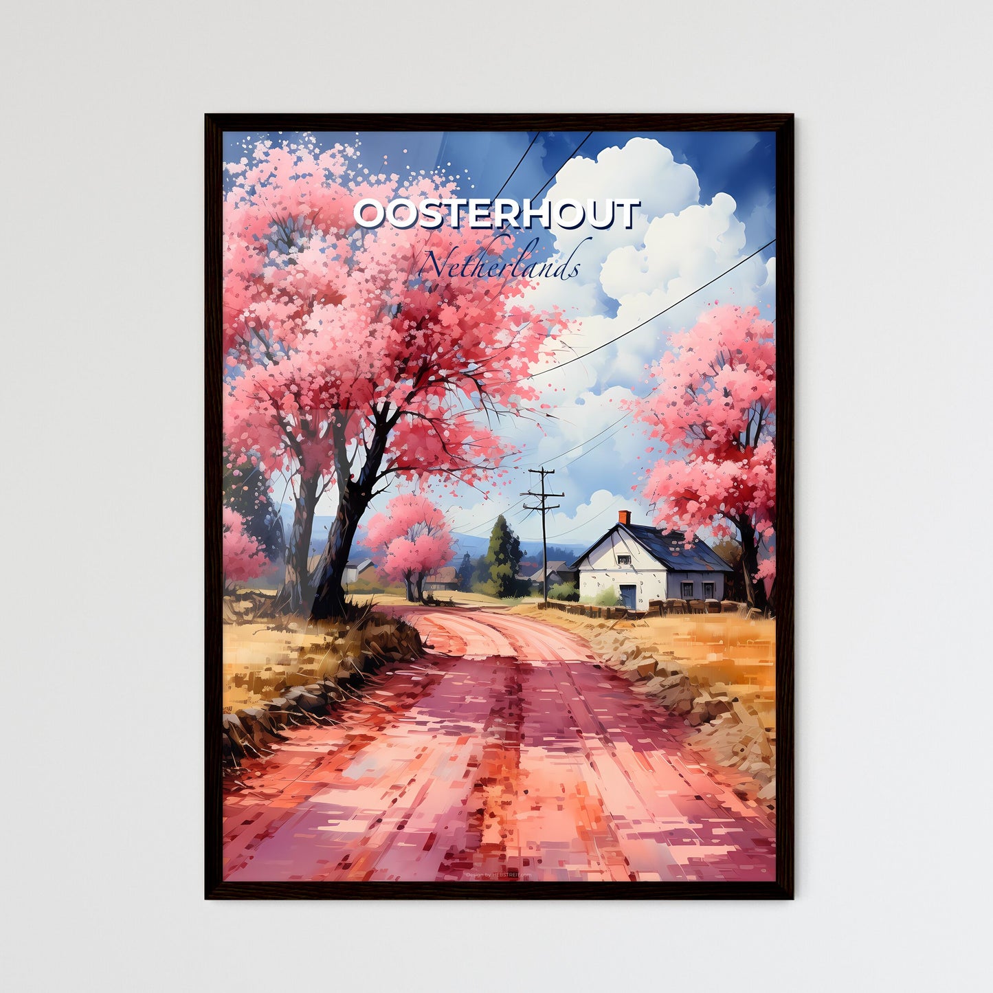 Oosterhout, Netherlands, A Poster of a road with pink trees and a house Default Title