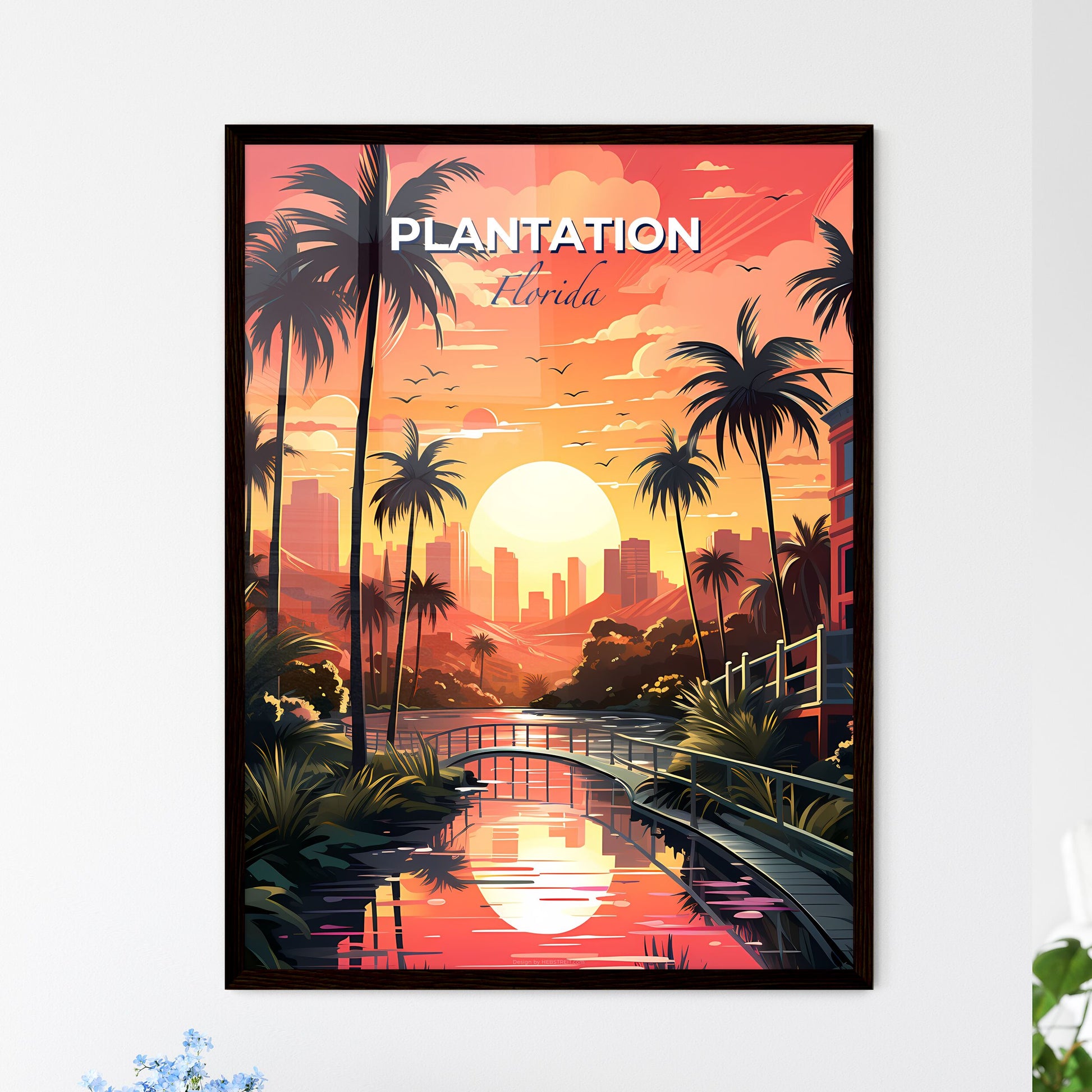 Plantation, Florida, A Poster of a sunset over a river with palm trees Default Title