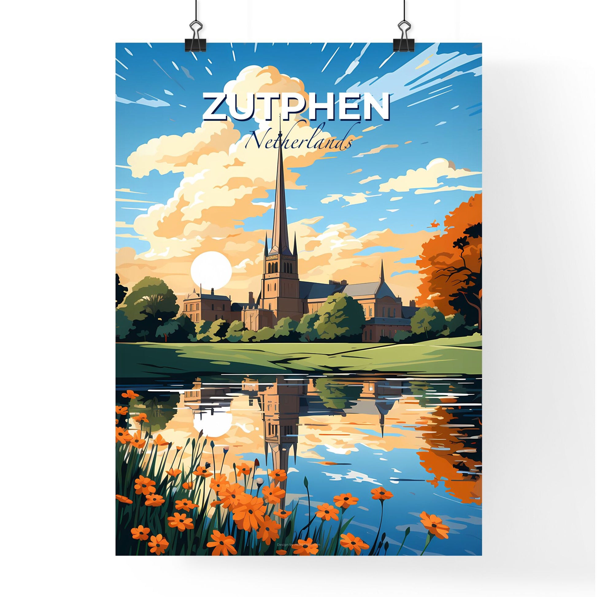 Zutphen, Netherlands, A Poster of a painting of a building with a tall spire and trees and a pond with orange flowers Default Title