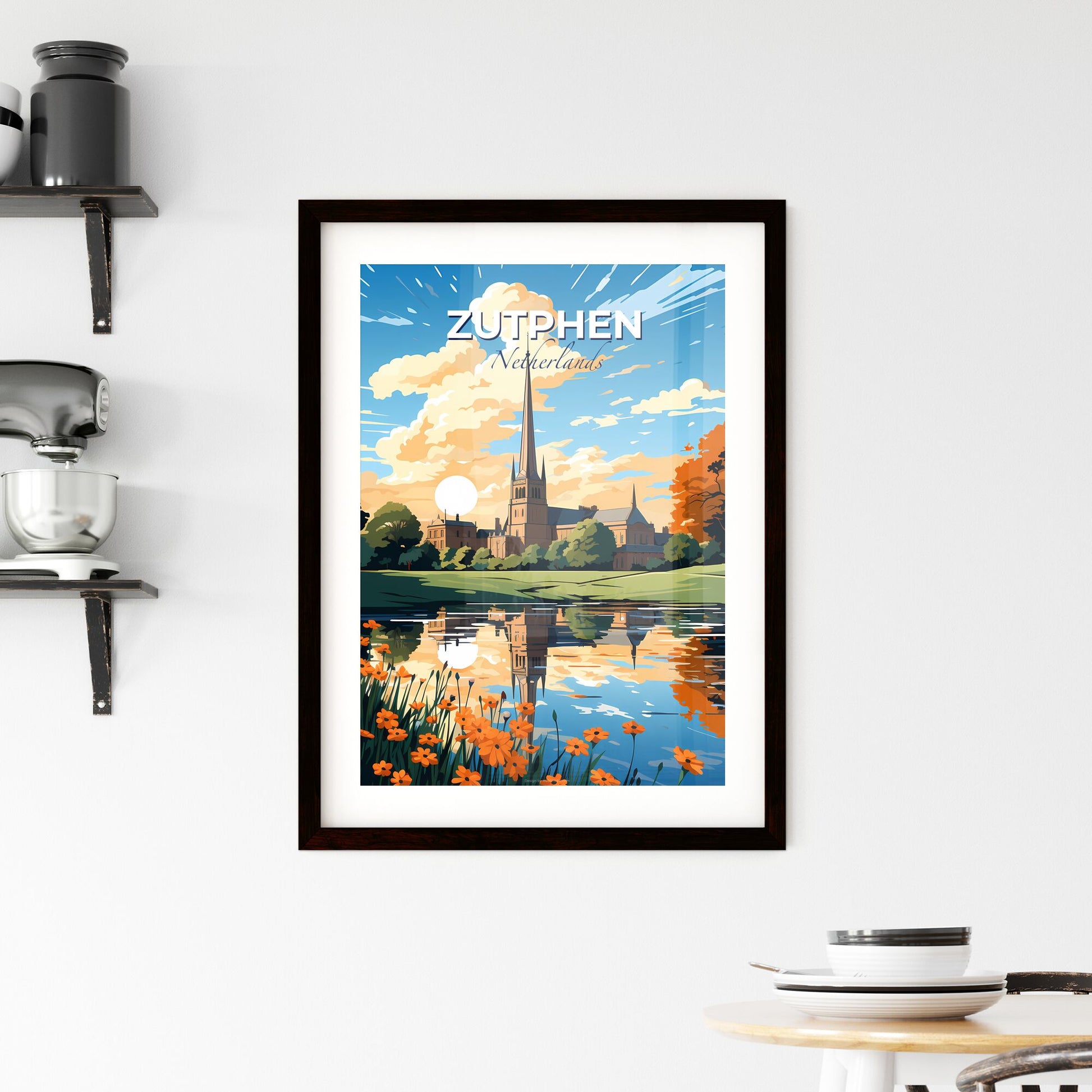 Zutphen, Netherlands, A Poster of a painting of a building with a tall spire and trees and a pond with orange flowers Default Title