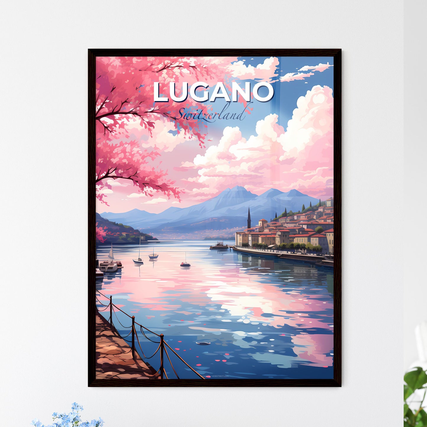 Lugano, Switzerland, A Poster of a water with boats and buildings on it Default Title