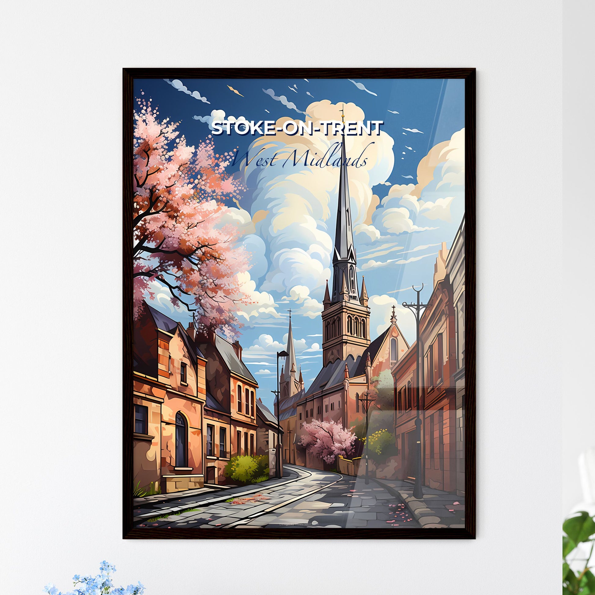 Stoke-On-Trent, West Midlands, A Poster of a street with a church tower and buildings Default Title