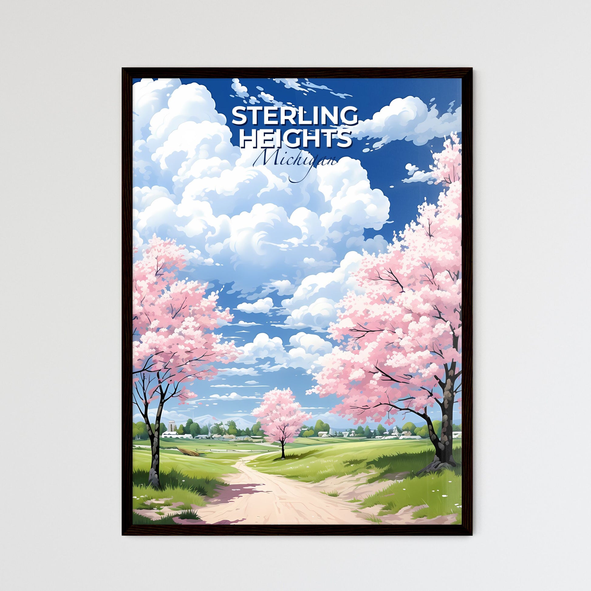 Sterling Heights, Michigan, A Poster of a landscape with pink trees and a dirt road Default Title