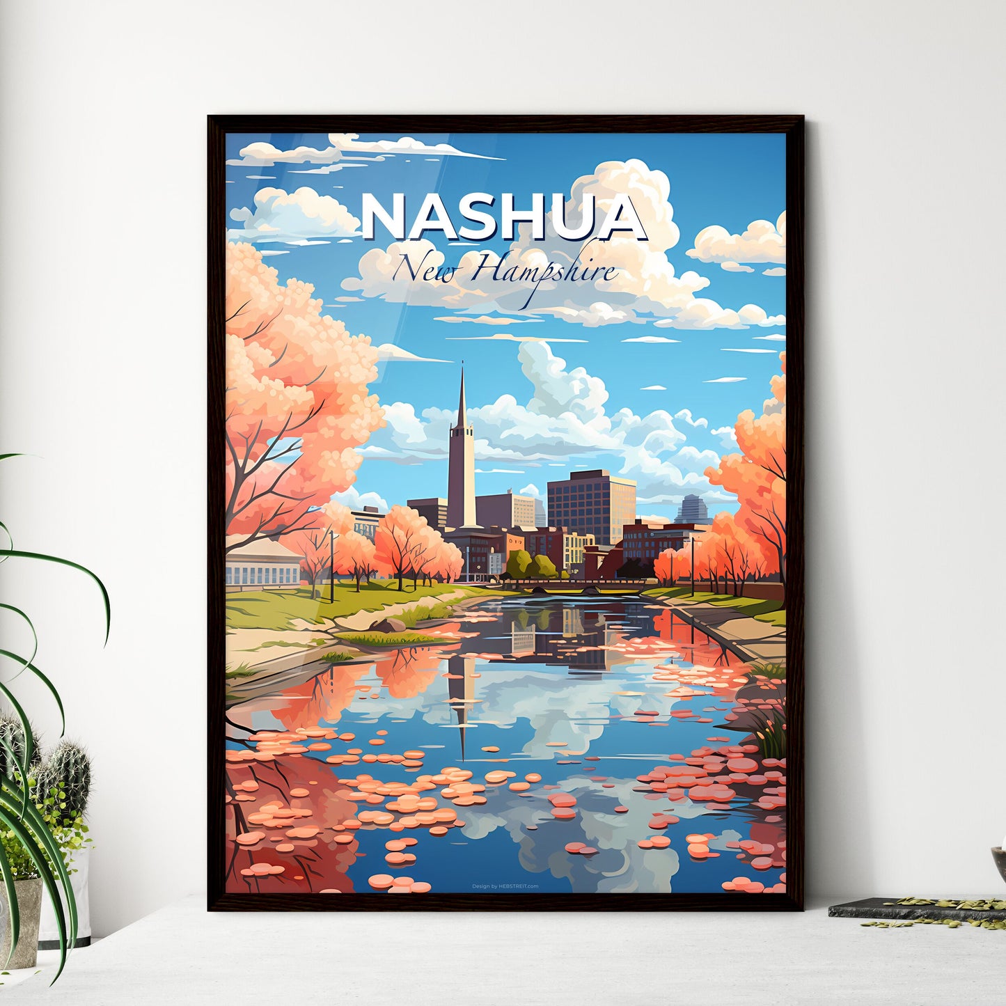 Nashua, New Hampshire, A Poster of a water body with pink trees and buildings in the background Default Title