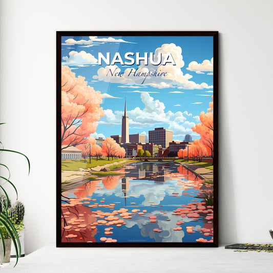 Nashua, New Hampshire, A Poster of a water body with pink trees and buildings in the background Default Title