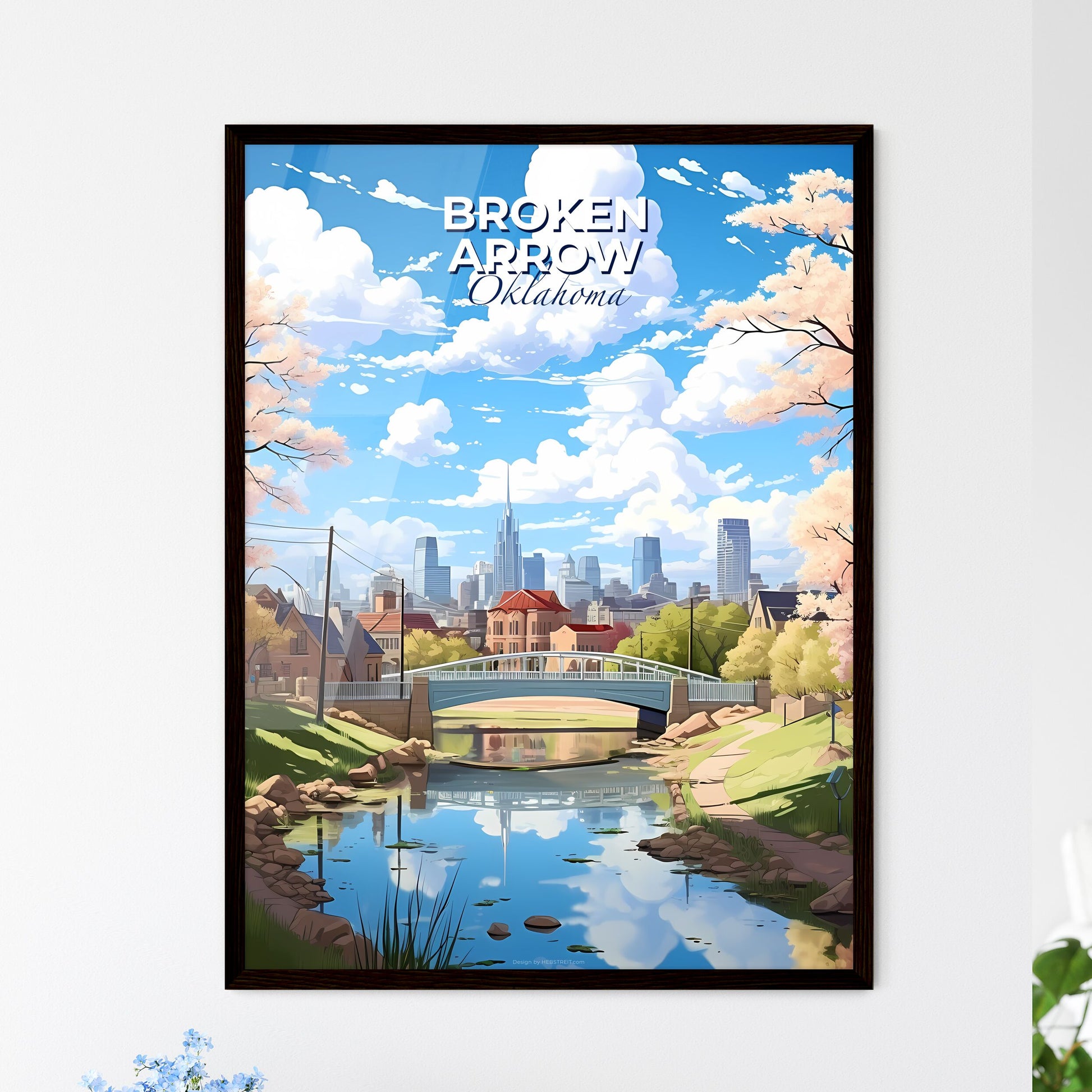 Broken Arrow, Oklahoma, A Poster of a bridge over a river with trees and a city in the background Default Title