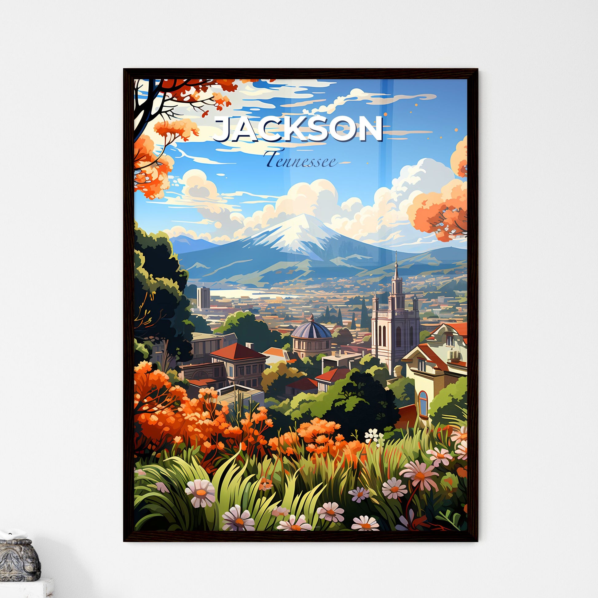 Jackson, Tennessee, A Poster of a landscape of a city with a mountain in the background Default Title