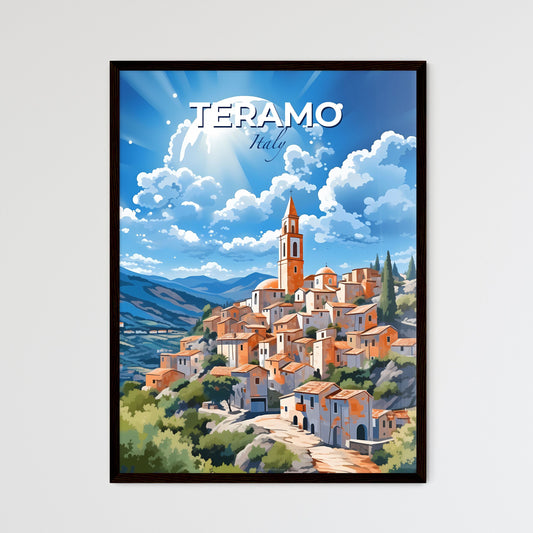 Teramo, Italy, A Poster of a painting of a town with a tower and trees Default Title