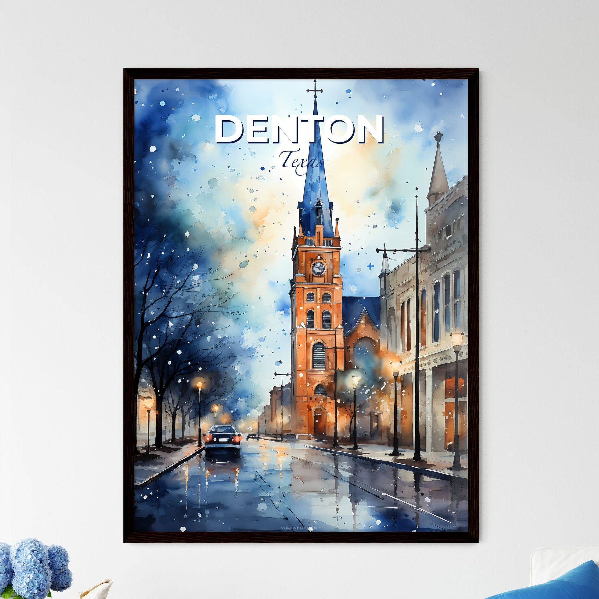 Denton, Texas, A Poster of a watercolor painting of a church on a street Default Title