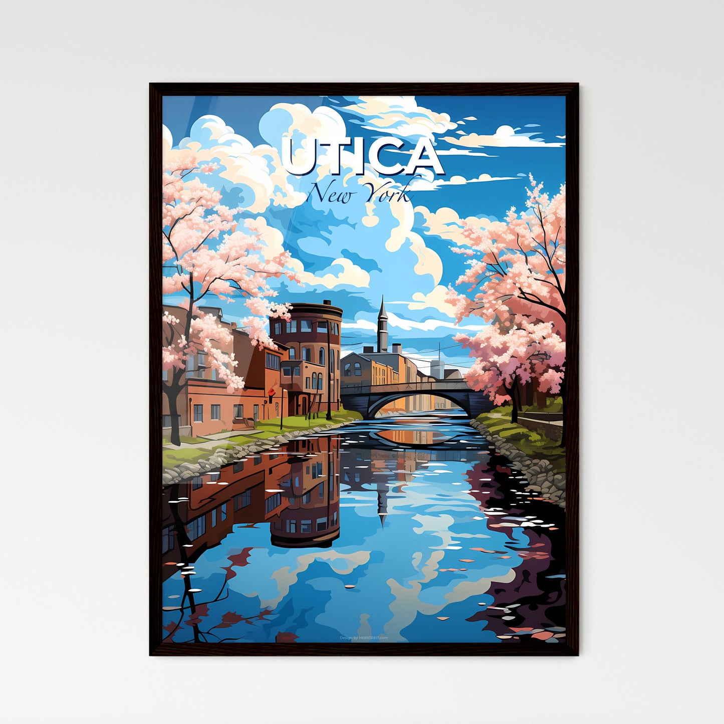 Utica, New York, A Poster of a river with pink trees and buildings Default Title