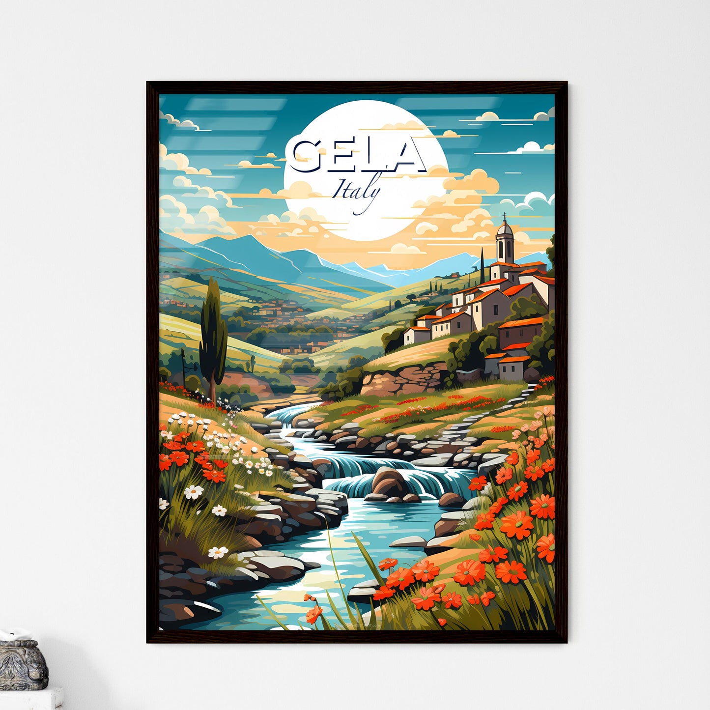 Gela, Italy, A Poster of a river running through a valley with flowers and a town on the side Default Title