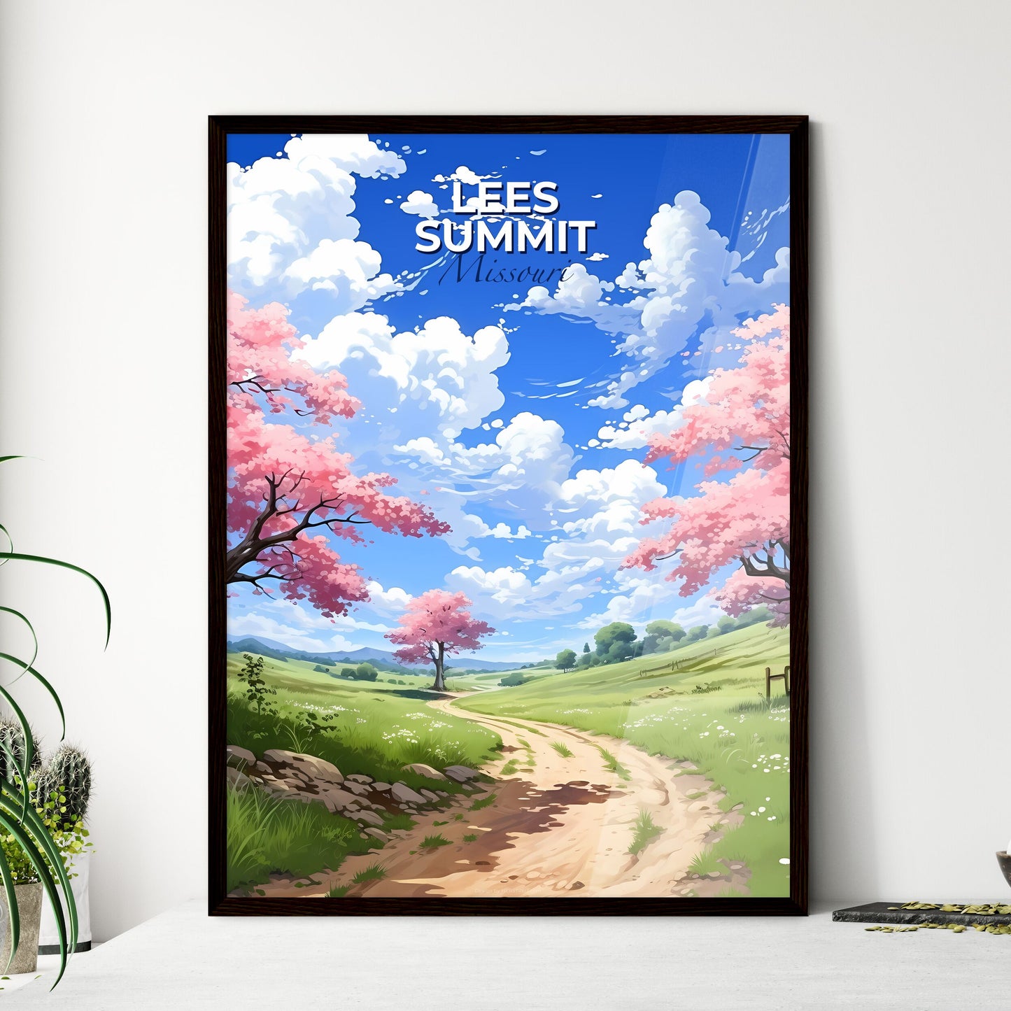Lees Summit, Missouri, A Poster of a dirt road with pink trees and flowers on it Default Title