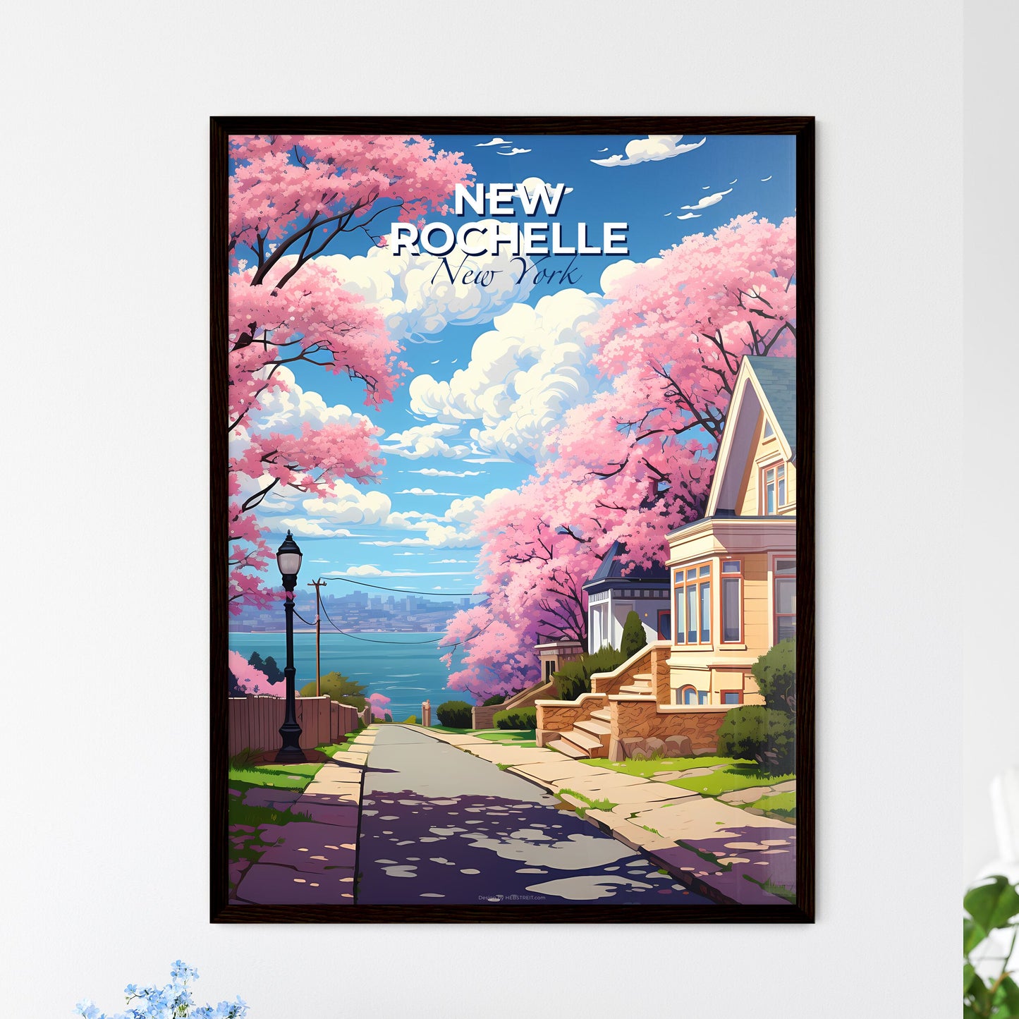 New Rochelle, New York, A Poster of a street with pink trees and houses Default Title