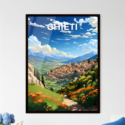 Chieti, Italy, A Poster of a landscape of a town with mountains and flowers Default Title