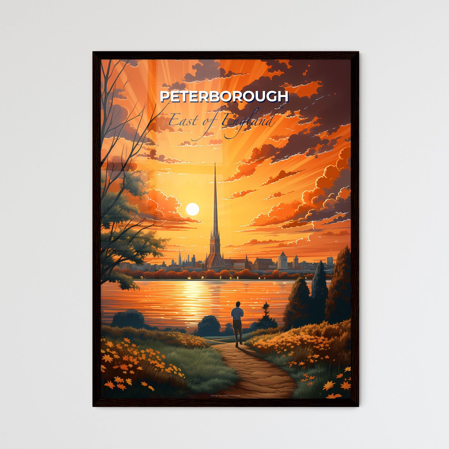 Peterborough, East of England, A Poster of a man walking on a path by a body of water with a tall spire Default Title