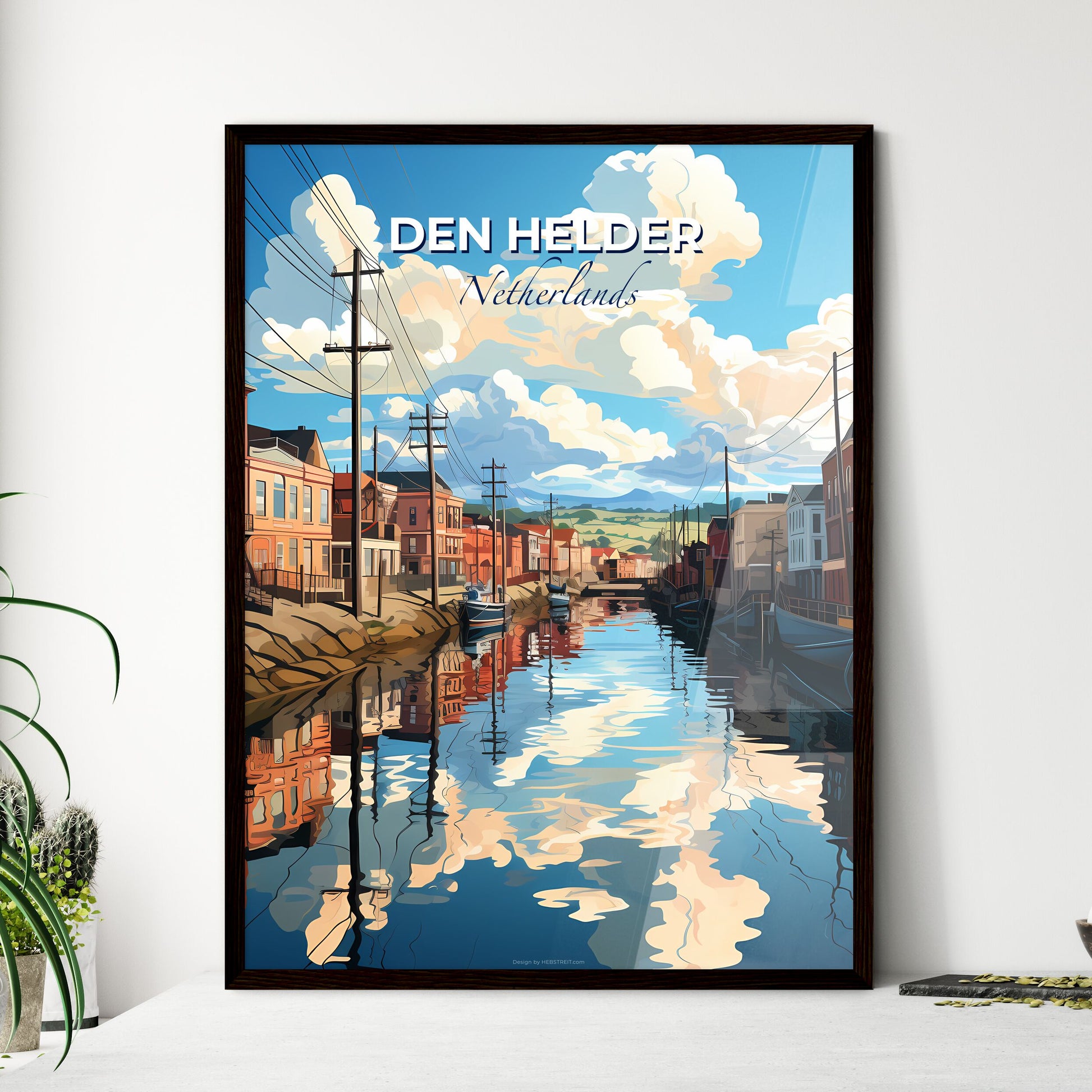 Den Helder, Netherlands, A Poster of a water canal with buildings and power lines Default Title