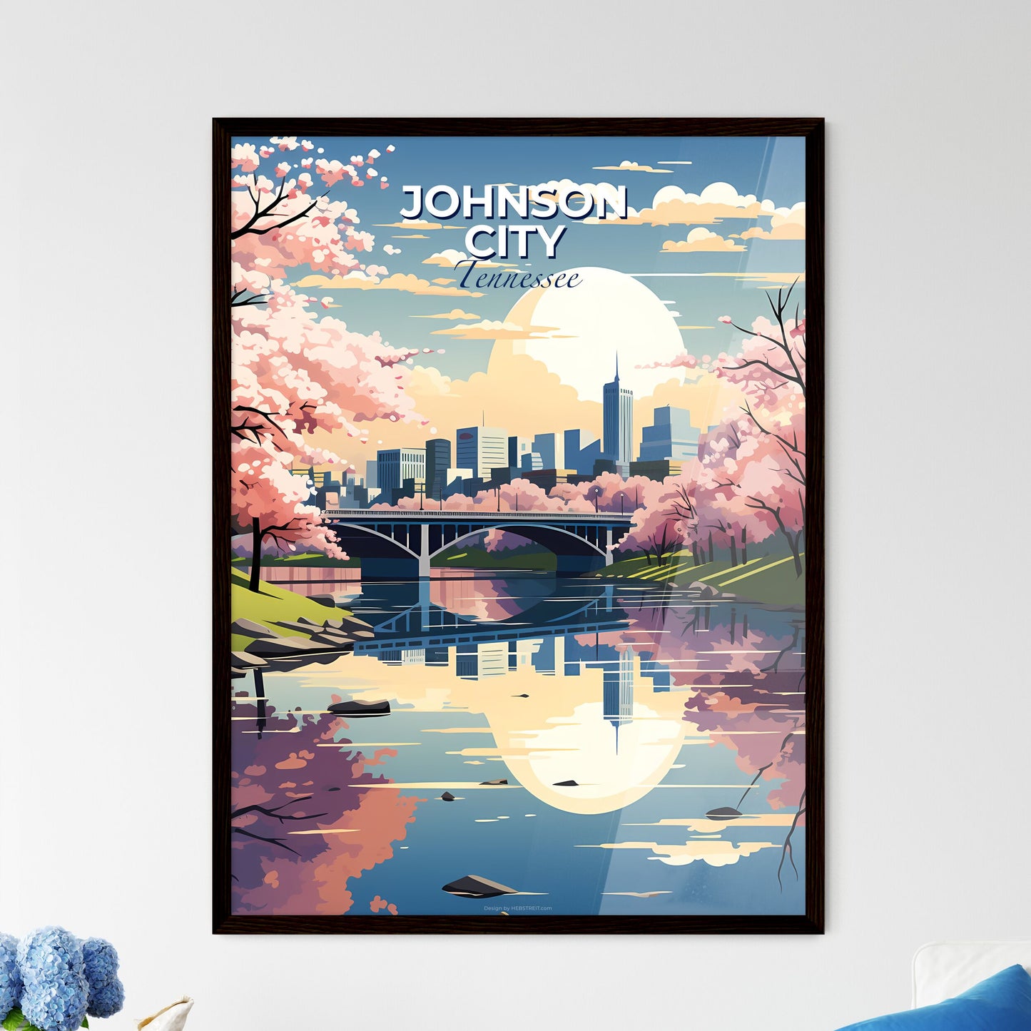 Johnson City, Tennessee, A Poster of a river with a bridge and trees with pink flowers Default Title