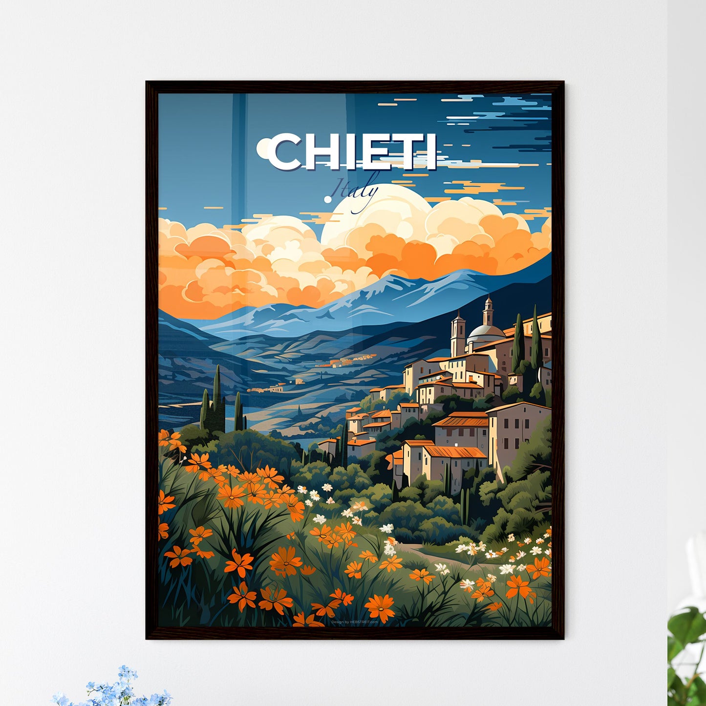 Chieti, Italy, A Poster of a painting of a town on a hill with flowers and mountains Default Title