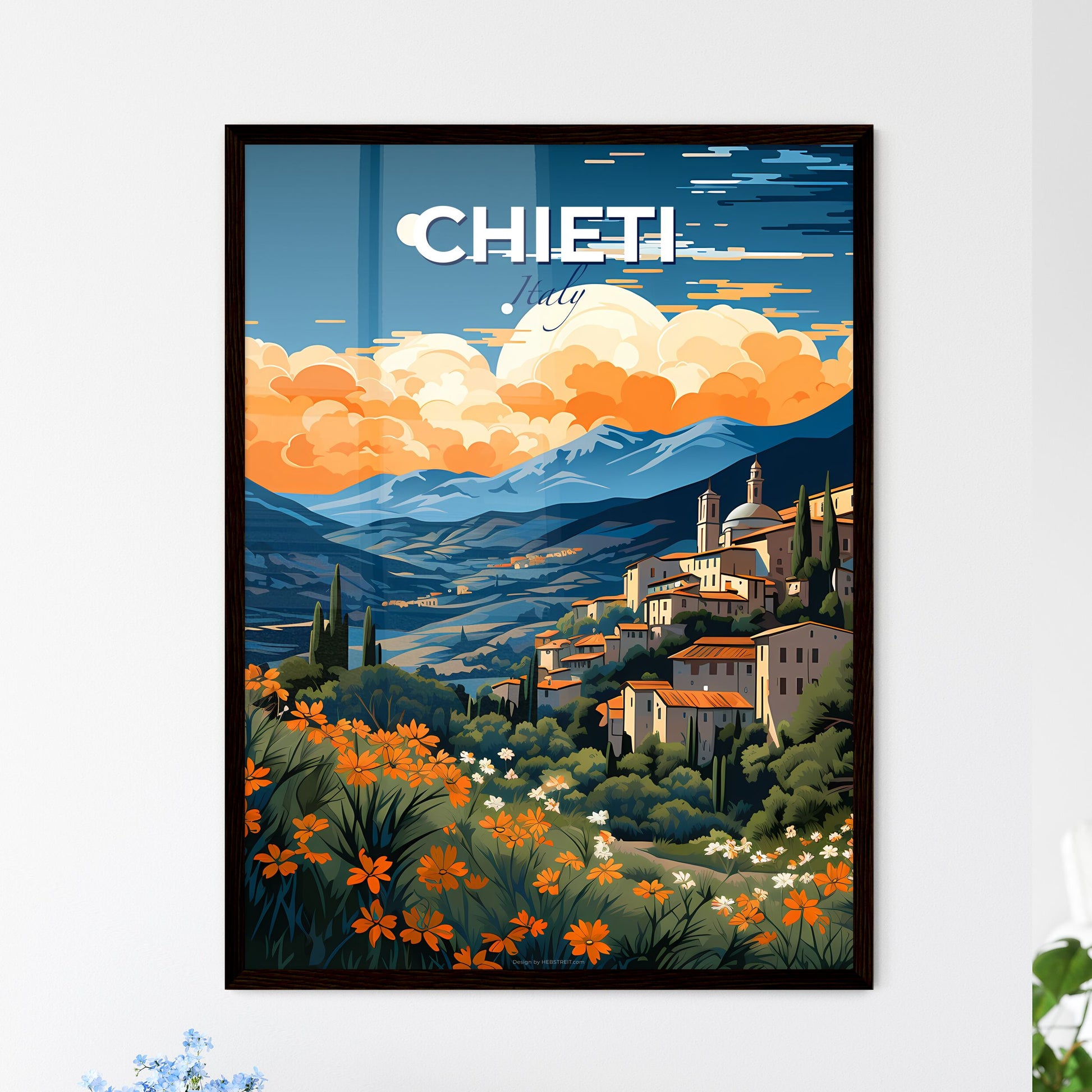 Chieti, Italy, A Poster of a painting of a town on a hill with flowers and mountains Default Title