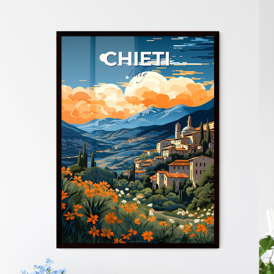 Chieti, Italy, A Poster of a painting of a town on a hill with flowers and mountains Default Title