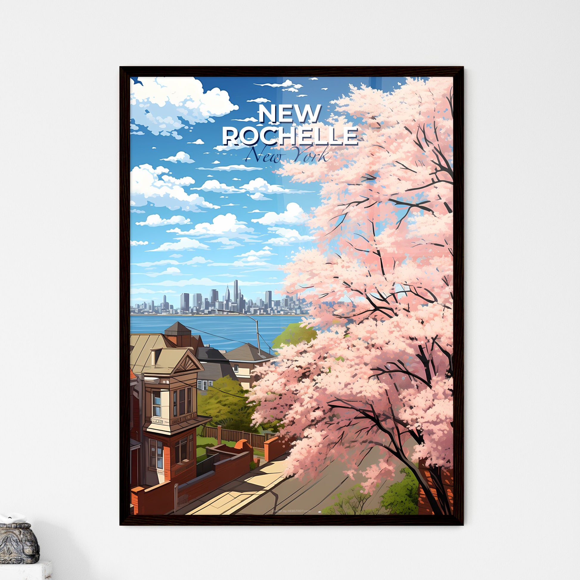 New Rochelle, New York, A Poster of a pink tree with pink flowers next to a city Default Title