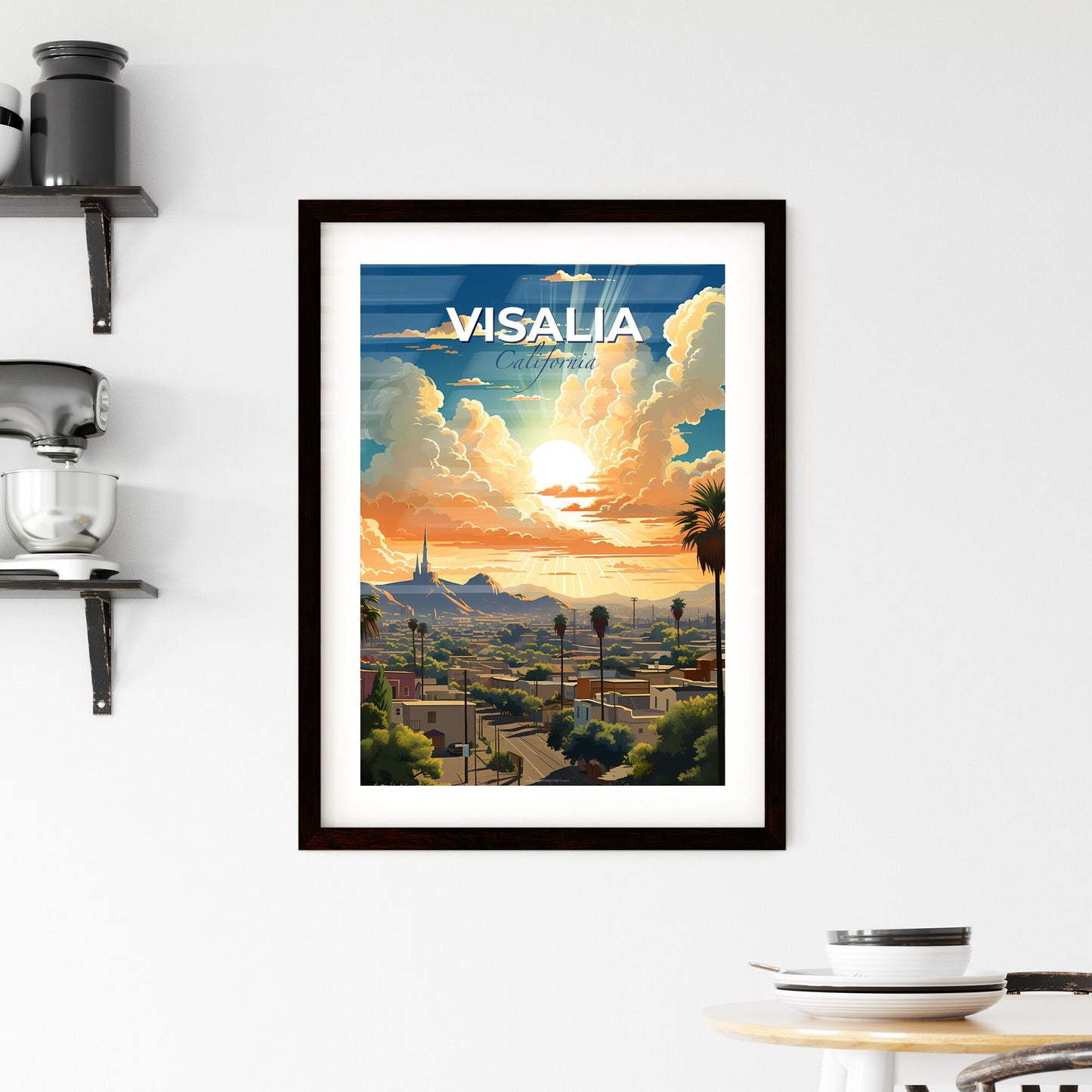 Visalia, California, A Poster of a sun shining through clouds over a city Default Title